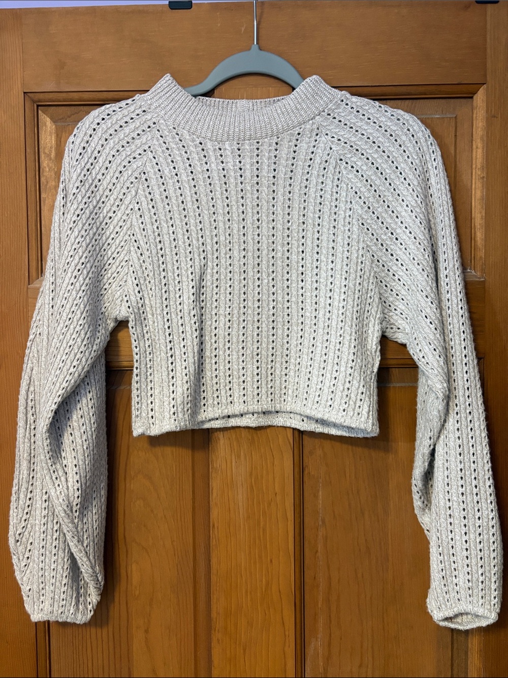 Zara Cropped Open-Knit Crew Sweater in Cream